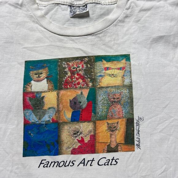 Famous Art Cats Vintage 80s White Cotton USA made T-shirt Large - Picture 3 of 4